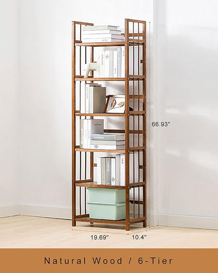 IOTXY Adjustable Bamboo Open Bookshelf - Small 6-Tier Tall Free Standing Storage Rack, Multifunctional Display Stand for Home and Office, Bookcase, Light Brown - LeafyLoom