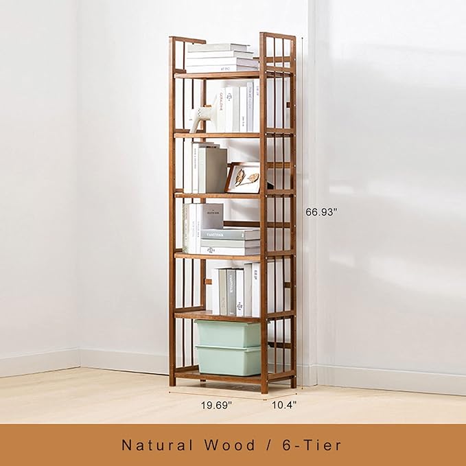 IOTXY Adjustable Bamboo Open Bookshelf - Small 6-Tier Tall Free Standing Storage Rack, Multifunctional Display Stand for Home and Office, Bookcase, Light Brown - LeafyLoom