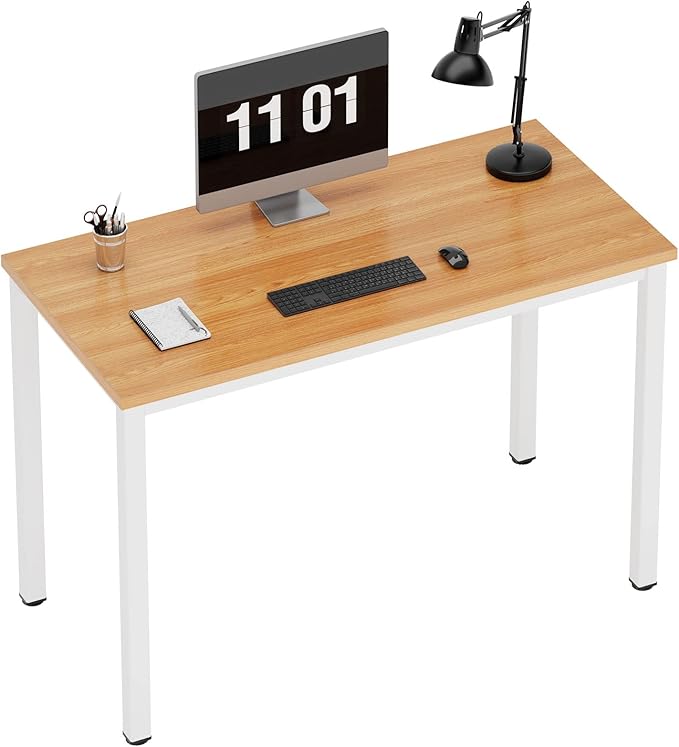 Need Small Desk, 39.4 inches Sturdy Writing Desk for Small Spaces, Small Computer Desk Teens Desk Study Table Laptop Desk Home Ofice Desk, White Metal Frame, Teak - LeafyLoom
