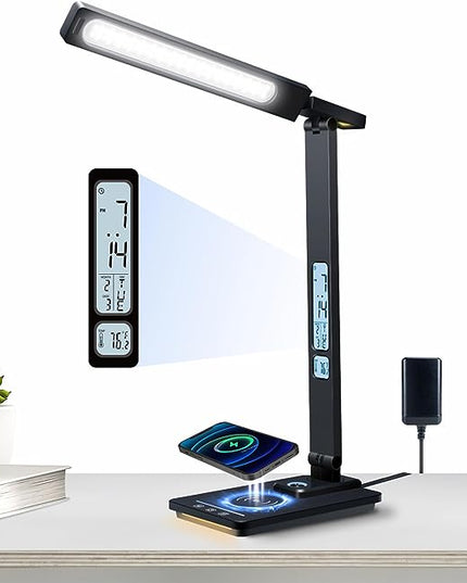 Led Desk Lamp with Wireless Charger, Desk Lamps for Home Office with Clock, Alarm, Date, Temperature | Desk Light with Night Light, 45 Min Auto Timer | Touch Control Smart Lamp for College, Dorm - LeafyLoom