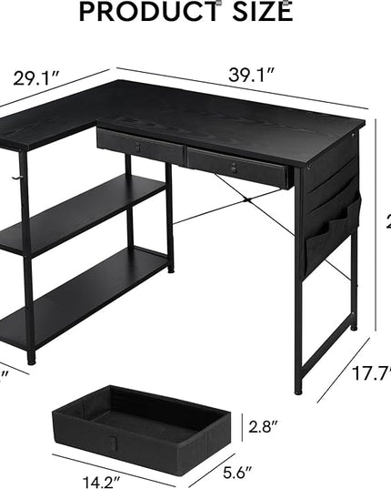 Ｍａｉｈａｉｌ Maihail Home Office Desk with Drawers Shelves, 39 inch Computer Corner Desk for Small Space, Small L Shaped Desk with Side Storage for Bedroom, Black - LeafyLoom