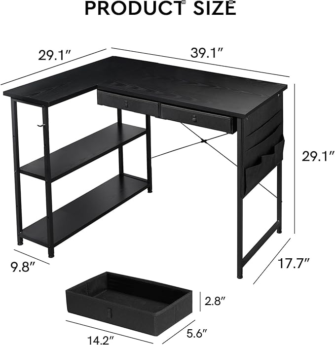 Ｍａｉｈａｉｌ Maihail Home Office Desk with Drawers Shelves, 39 inch Computer Corner Desk for Small Space, Small L Shaped Desk with Side Storage for Bedroom, Black - LeafyLoom