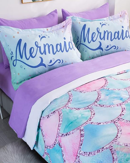 Wajade Kid Mermaid Scale Comforter Bedding Set Full Size, Colorful Rainbow 3D Fish Scale 7 Pieces Soft Bedding Sets with Comforter, Sheet, Pillowcase and Sham for Girls - LeafyLoom