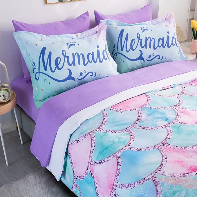 Wajade Kid Mermaid Scale Comforter Bedding Set Full Size, Colorful Rainbow 3D Fish Scale 7 Pieces Soft Bedding Sets with Comforter, Sheet, Pillowcase and Sham for Girls - LeafyLoom
