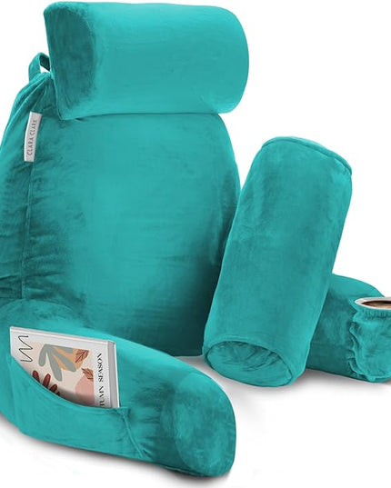 Clara Clark Reading Pillow, Large Back Pillow for Sitting Up in Bed, Memory Foam Back Support Pillow, Reading Pillows for Sitting in Bed Adult, Teal Sit Up Pillow for Bed Chair with Arms and Pockets - LeafyLoom