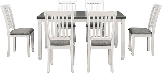 RITSU 7-Piece Dining Set Wood Rectangular Table and 6 Upholstered Chairs with Shaped Legs for Living Furniture, Guest Room, Home Bar, and Kitchen, Gray+White, Natural Cherry - LeafyLoom