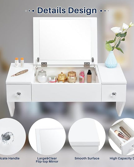 ALIMORDEN Floating Shelf with Mirror and Drawer,Floating Drawer for Bathroom, White Wall Mounted Desk,Pull Out Drawer, 31 inches Surface, Floating Wall Desk, Hanging Desk, White - LeafyLoom