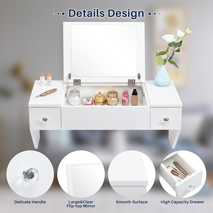 ALIMORDEN Floating Shelf with Mirror and Drawer,Floating Drawer for Bathroom, White Wall Mounted Desk,Pull Out Drawer, 31 inches Surface, Floating Wall Desk, Hanging Desk, White - LeafyLoom