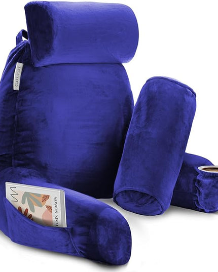 Clara Clark Reading Pillow, Large Back Pillow for Sitting Up in Bed, Memory Foam Back Support Pillow, Reading Pillows for Sitting in Bed Adult, Royal Blue Sit Up Pillow for Bed with Arms and Pockets - LeafyLoom