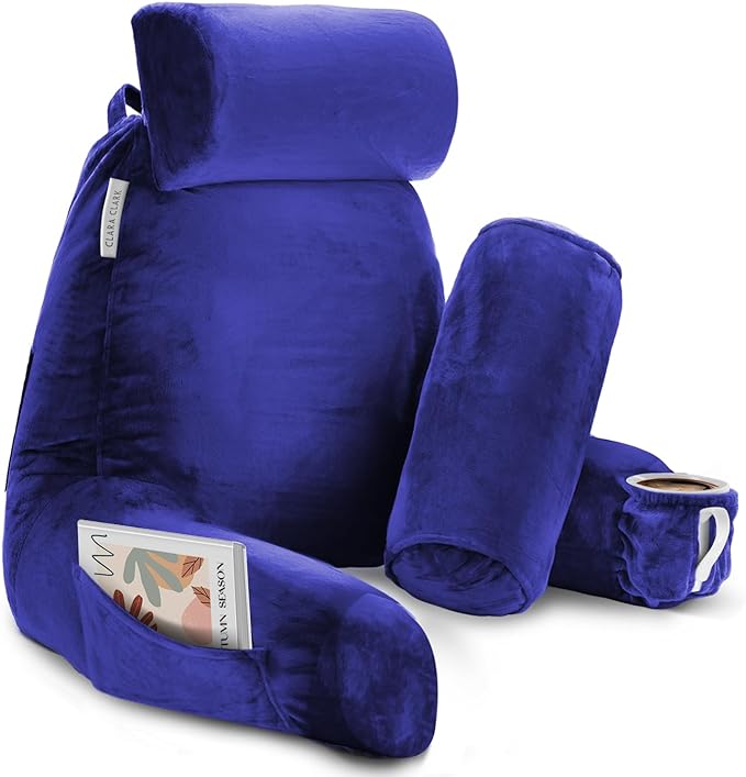 Clara Clark Reading Pillow with Portable Lap Desk for laptop Set, Back Pillow for Sitting Up in Bed, Memory Foam Back Support Pillow, Bed Rest Pillow with Foldable Laptop Desk, Large - Royal Blue - LeafyLoom