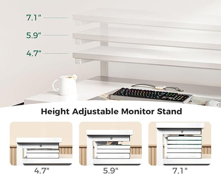 KKL 48 inch Small Computer Desk with Adjustable Monitor Stand, Home Office Desk & Workstation with Storage Shelves, Reversible Work Writing Study Table for Bedroom, White - LeafyLoom