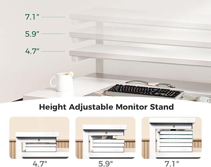 KKL 48 inch Small Computer Desk with Adjustable Monitor Stand, Home Office Desk & Workstation with Storage Shelves, Reversible Work Writing Study Table for Bedroom, White - LeafyLoom