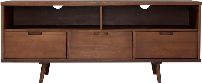 Walker Edison 3-Drawer Mid Century Modern Wood TV Stand for TV's up to 65" Flat Screen Cabinet Door Living Room Storage Entertainment Center, 58 Inch, Walnut - LeafyLoom