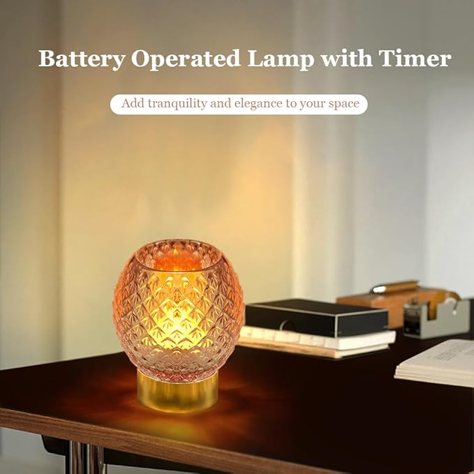 Battery Operated Lamp with Timer,Glass Cordless Lamps with LED Bulb,Decorative Lights for Living Room Bedroom Tabletop Entryway Centerpiece Gift (Pink) - LeafyLoom