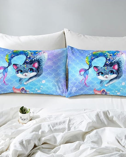 Rainbow Cartoon Cat Comforter Colorful Mermaid Comforter Set for Kids Boys Girls Teens Room Decor Blue Mermaid Scales Bedding Set Ocean Gradient Duvet Set 3Pcs King Size Boys - LeafyLoom