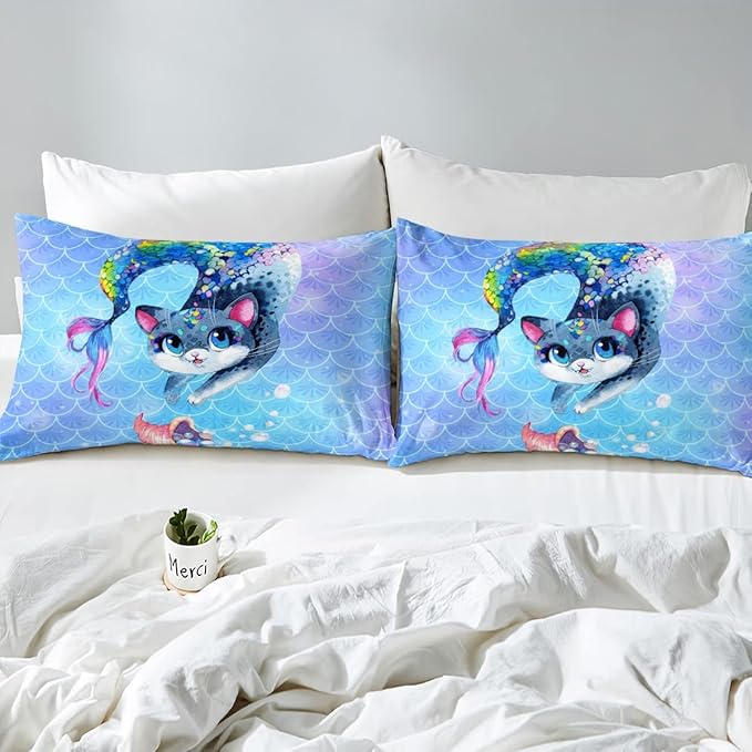 Rainbow Cartoon Cat Comforter Colorful Mermaid Comforter Set for Kids Boys Girls Teens Room Decor Blue Mermaid Scales Bedding Set Ocean Gradient Duvet Set 3Pcs King Size Boys - LeafyLoom