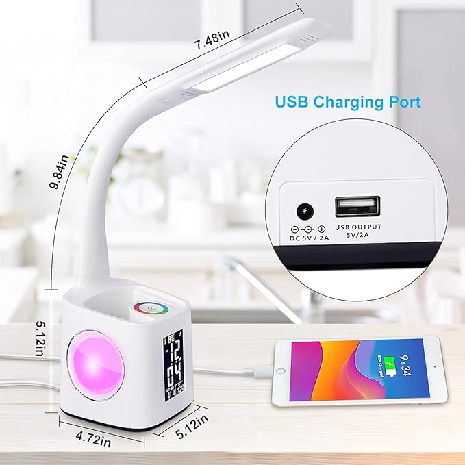 Study LED Desk Lamp with USB Charging Port, Kids Dimmable LED Table Lamp with Clock and Pen Holder, Home Office, College Student Dormitory, Reading Eye Protection Desk Lamp, Color Night Light,10W - LeafyLoom
