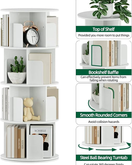 OTK Rotating Bookshelf, 360° Display Standing Book Shelf Organizer, 4 Tier Wooden Corner Bookshelves for Small Space, Small Bookcase Storage Rack for Kids' Room, StudyRoom, Bedroom, White - LeafyLoom