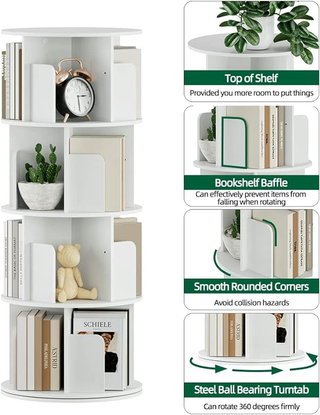 OTK Rotating Bookshelf, 360° Display Standing Book Shelf Organizer, 4 Tier Wooden Corner Bookshelves for Small Space, Small Bookcase Storage Rack for Kids' Room, StudyRoom, Bedroom, White - LeafyLoom