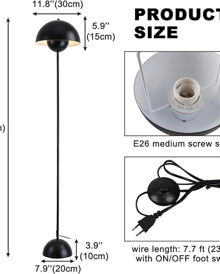 Modern Floor Lamp for Bedroom, 63'' Industrial Corner Floor Lamp for Living Room, Metal Arched Shade Tall Standing Lamp for Office, Reflecting Light Reading Floor Lamp, Black - LeafyLoom