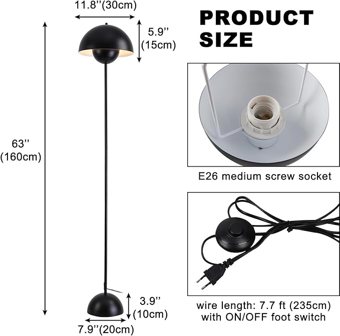 Modern Floor Lamp for Bedroom, 63'' Industrial Corner Floor Lamp for Living Room, Metal Arched Shade Tall Standing Lamp for Office, Reflecting Light Reading Floor Lamp, Black - LeafyLoom
