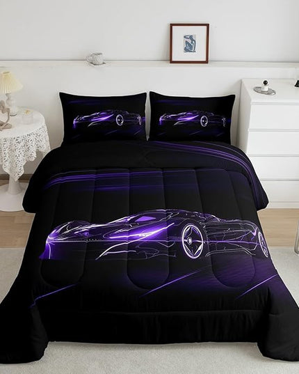 Feelyou Dull Purple Race Car Bedding Set Queen Size for Kids Boys Extreme Sport Games Comforter Set Teens Toddler Fast and Furious Duvet Set Cool Modern Quilt Set 3Pcs - LeafyLoom