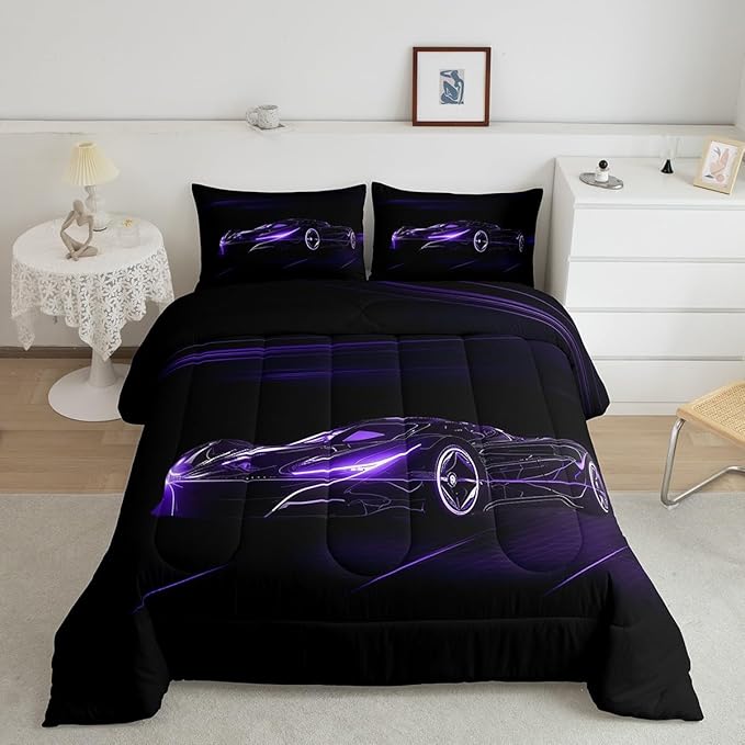 Feelyou Dull Purple Race Car Bedding Set Queen Size for Kids Boys Extreme Sport Games Comforter Set Teens Toddler Fast and Furious Duvet Set Cool Modern Quilt Set 3Pcs - LeafyLoom