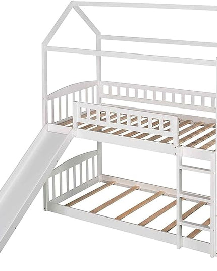 Twin Over Twin Bunk Bed with Slide for Kids Bedroom,Solid Pinewood Bedframe,House Bunkbeds w/Safety Guardrails & Roof Design,No Box Spring Needed, White - LeafyLoom