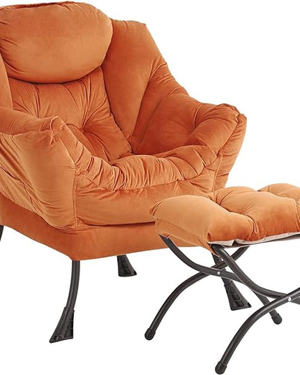 Lazy Chair and Ottoman, Large Accent Lounge Chair with Armrests and a Side Pocket, Modern Leisure Upholstered Sofa Reading Armchair with Footrest for Bedroom, Living Room, Dorm Rooms, Office - LeafyLoom