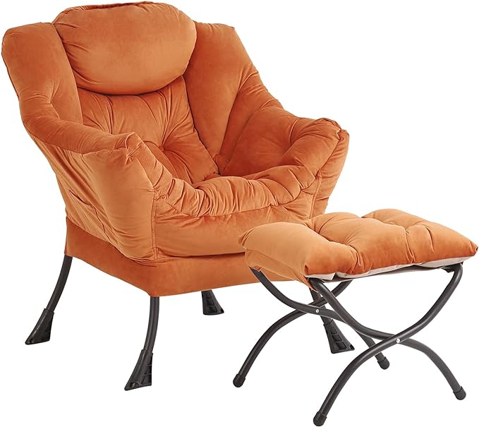 Lazy Chair and Ottoman, Large Accent Lounge Chair with Armrests and a Side Pocket, Modern Leisure Upholstered Sofa Reading Armchair with Footrest for Bedroom, Living Room, Dorm Rooms, Office - LeafyLoom