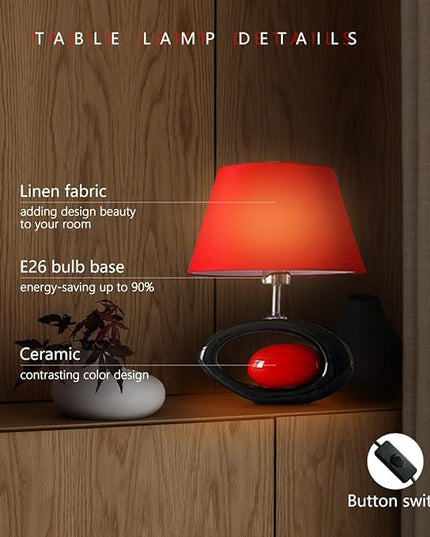 Red Modern Table Lamp, Ceramic Desk Lights with Linen Shade LED Bedroom Bedside Light Living Room Office Desk Night Lantern 14.8inch American Desktop Light for Home, E26 Base 60W 110V - LeafyLoom