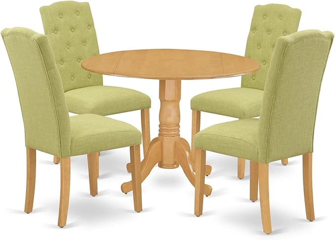 East West Furniture DLCE5-OAK-07 Dublin 5 Piece Set for 4 Includes a Round Kitchen Table with Dropleaf and 4 Limelight Linen Fabric Parson Dining Chairs, 42x42 Inch, Oak - LeafyLoom