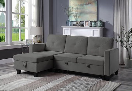 L-Shape Convertible Sleeper Sectional Sofa, with Storage Chaise & Pull-Out Bed, 82.5" Linen Upholstered Reversible Corner 3 Person Couch, Button Tufted Backrest, for Apartment - Dark Gray - LeafyLoom