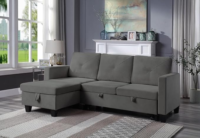 L-Shape Convertible Sleeper Sectional Sofa, with Storage Chaise & Pull-Out Bed, 82.5" Linen Upholstered Reversible Corner 3 Person Couch, Button Tufted Backrest, for Apartment - Dark Gray - LeafyLoom