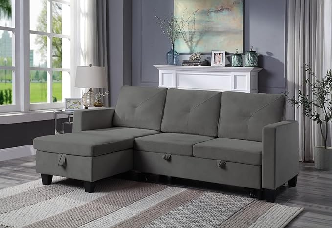 Reversible Velvet Sectional Couch with Storage Chaise, L-Shaped 3 Seater Corner Sleeper Pull Out Sofa Bed for Living Room Apartment Small Space, Dark Gray, 82.5 - LeafyLoom