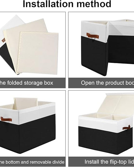 Large Toy Storage Box with Lid, Sturdy Toys Storage Chest Bin Organizer Basket with Dividers for Kids, Boys, Girls, Nursery, Closet, Bedroom, Playroom 25"x13" x16" (Black and White) - LeafyLoom