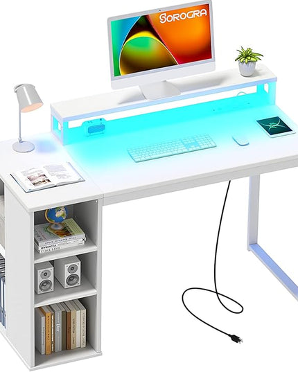 White Computer Desk with LED Lights and Power Outlets 39.4 inch Home Office Desk with Storage Shelves, Small Writing Desk with Monitor Stand for Bedroom, Workstation - LeafyLoom