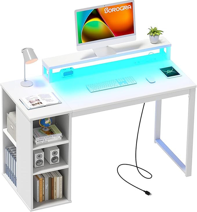 White Computer Desk with LED Lights and Power Outlets 39.4 inch Home Office Desk with Storage Shelves, Small Writing Desk with Monitor Stand for Bedroom, Workstation - LeafyLoom