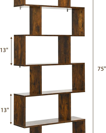 BETTARY 6-Tier Bookshelf, Freestanding S-Shaped Geometric Display Shelf, Modern Tall Bookcase for Home Office, Living Room, Bedroom, Coffee - LeafyLoom