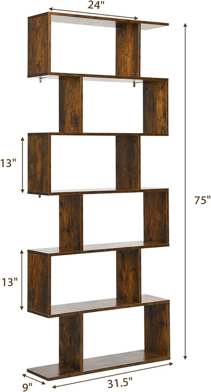BETTARY 6-Tier Bookshelf, Freestanding S-Shaped Geometric Display Shelf, Modern Tall Bookcase for Home Office, Living Room, Bedroom, Coffee - LeafyLoom