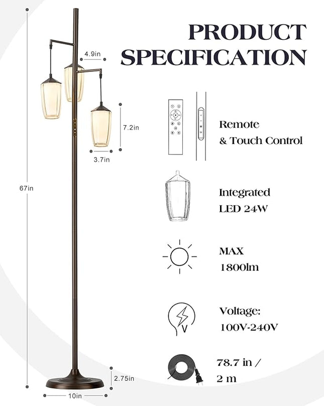 ELYONA Rustic Dimmable Floor Lamp for Bedroom, 24W LED Reading Light Remote & Touch Control, Stepless Adjustable 2200K-6500K Colors & Brightness, 3-Light Standing Lamp for Living Room Office, Bronze - LeafyLoom