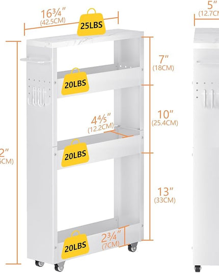 Slim Storage Cart, 4-Tier Kitchen Rolling Cart Narrow Storage Cabinet with Handle & Wheels, Metal Rolling Shelf Unit for Kitchen Bathroom Laundry Small Places(5 in Width/White) - LeafyLoom