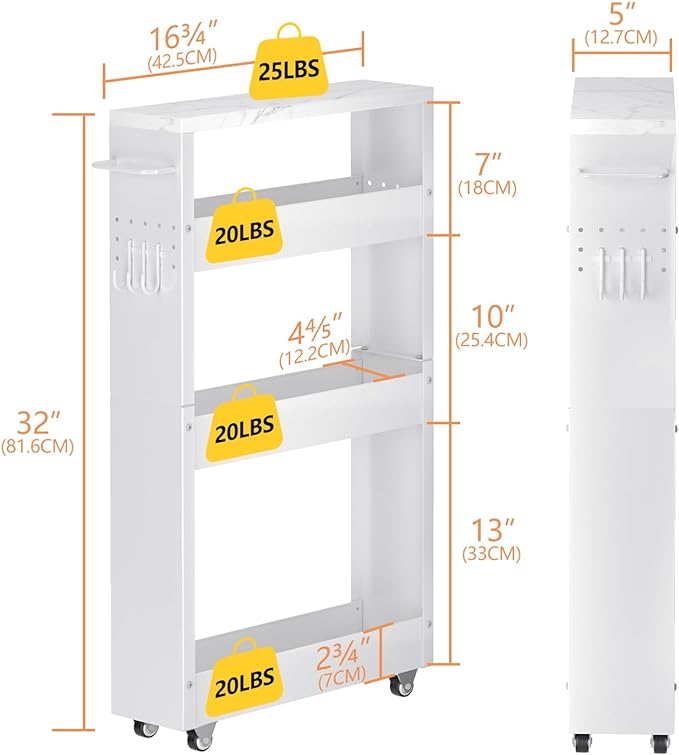 Slim Storage Cart, 4-Tier Kitchen Rolling Cart Narrow Storage Cabinet with Handle & Wheels, Metal Rolling Shelf Unit for Kitchen Bathroom Laundry Small Places(5 in Width/White) - LeafyLoom