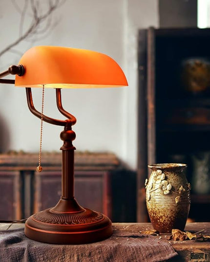 Newrays Matted Orange Glass Bankers Desk Lamp with Pull Chain Switch Plug in Fixture - LeafyLoom