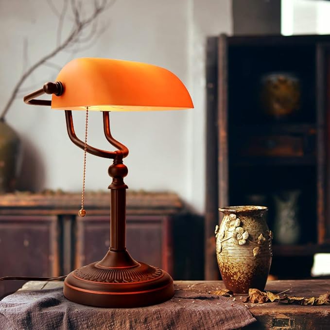 Newrays Matted Orange Glass Bankers Desk Lamp with Pull Chain Switch Plug in Fixture - LeafyLoom
