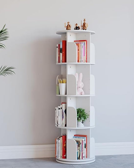 EasyCom 4 Tier Rotating Display Bookshelf Organizer Floor Standing Bookcase Storage Rack- Display Round Bookshelf Swivel Corner Book Shelf- Tall Bookcase for Home Study Office, White - LeafyLoom
