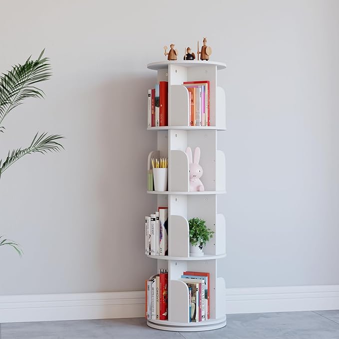 EasyCom 4 Tier Rotating Display Bookshelf Organizer Floor Standing Bookcase Storage Rack- Display Round Bookshelf Swivel Corner Book Shelf- Tall Bookcase for Home Study Office, White - LeafyLoom