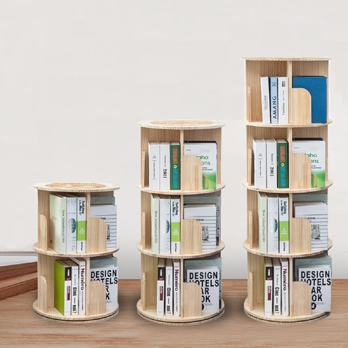 Rotating Bookshelf 360 Display 4 Tier Floor Standing Bookcase Storage Rack for Kids&Adults Solid Wood Bookshelf Organizer - LeafyLoom