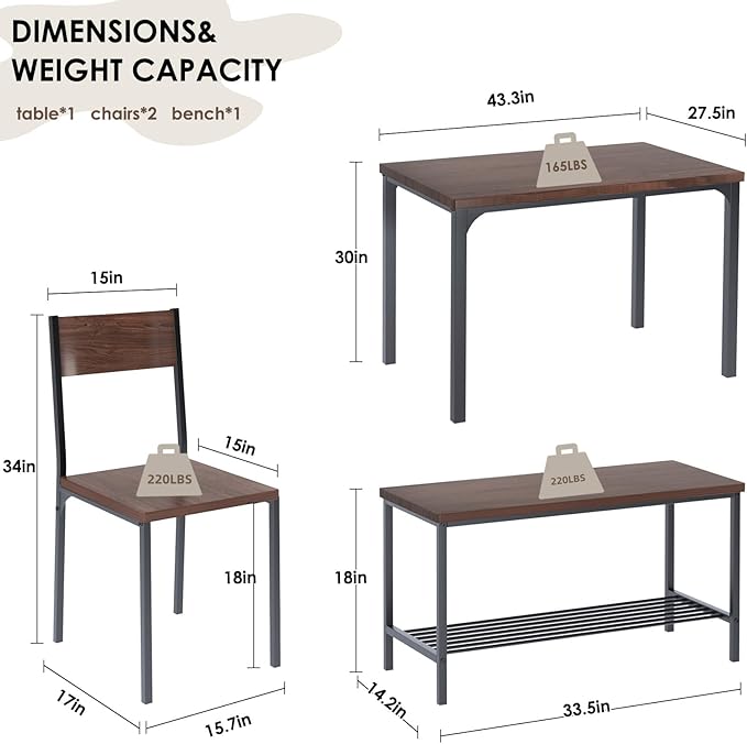 SogesHome 4 Piece Kitchen Dining Table Set for 4, Kitchen Table Bench Chairs Setfor 4, Space-Saving Table Set for Restaurant, Coffee Shop, Dark Walnut - LeafyLoom