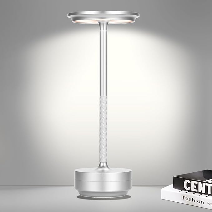 Cordless Table Lamp,Rechargeable Table Lamp for Dinning，Restaurant,Nightstand，LED Battery Operated 3-Level Dimming Portable Outdoor Cordless Lamp,Touch Eye Protection Night Light (Silver)… - LeafyLoom